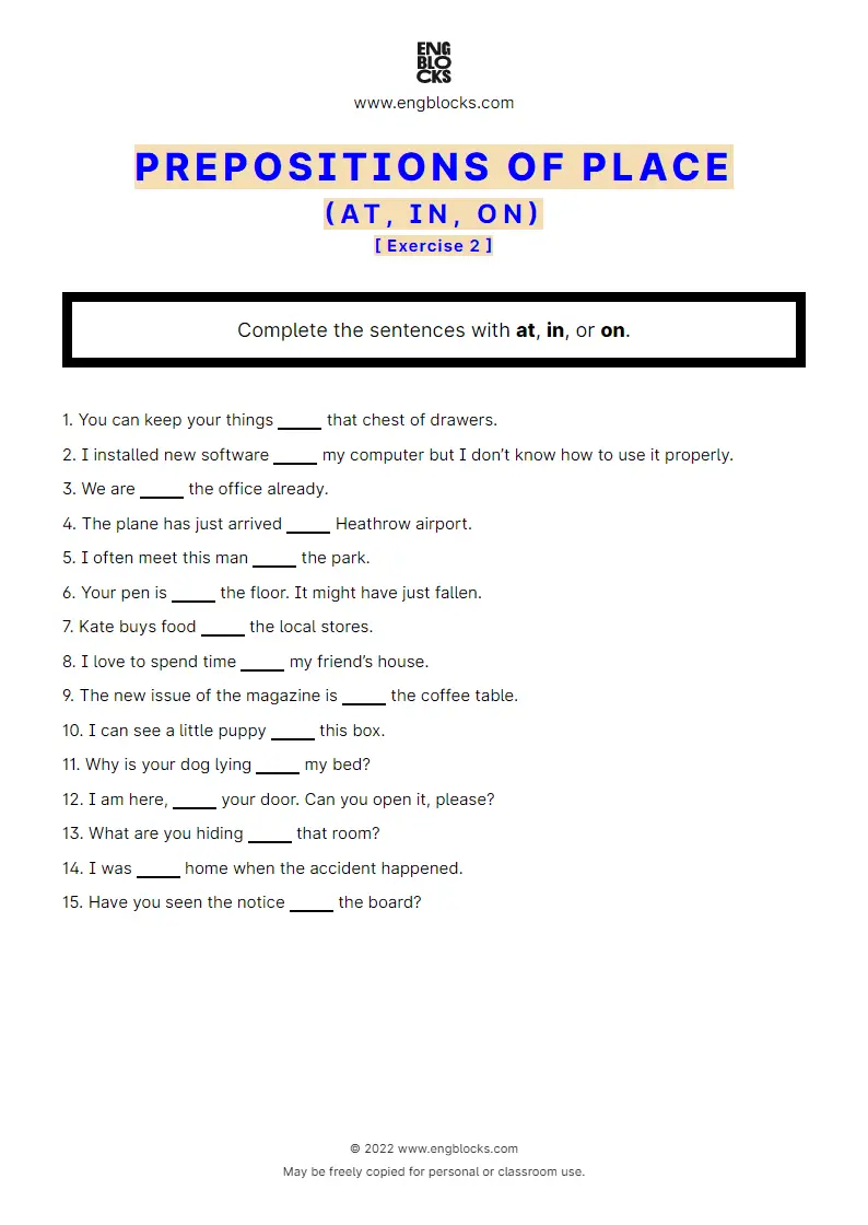 Grammar Worksheet: Prepositions of place: at, in, on — Exercise 2