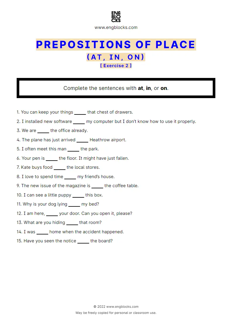 Grammar Worksheet: Prepositions of place: at, in, on — Exercise 2