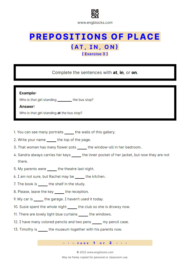 Grammar Worksheet: Prepositions of place: at, in, on — Exercise 3