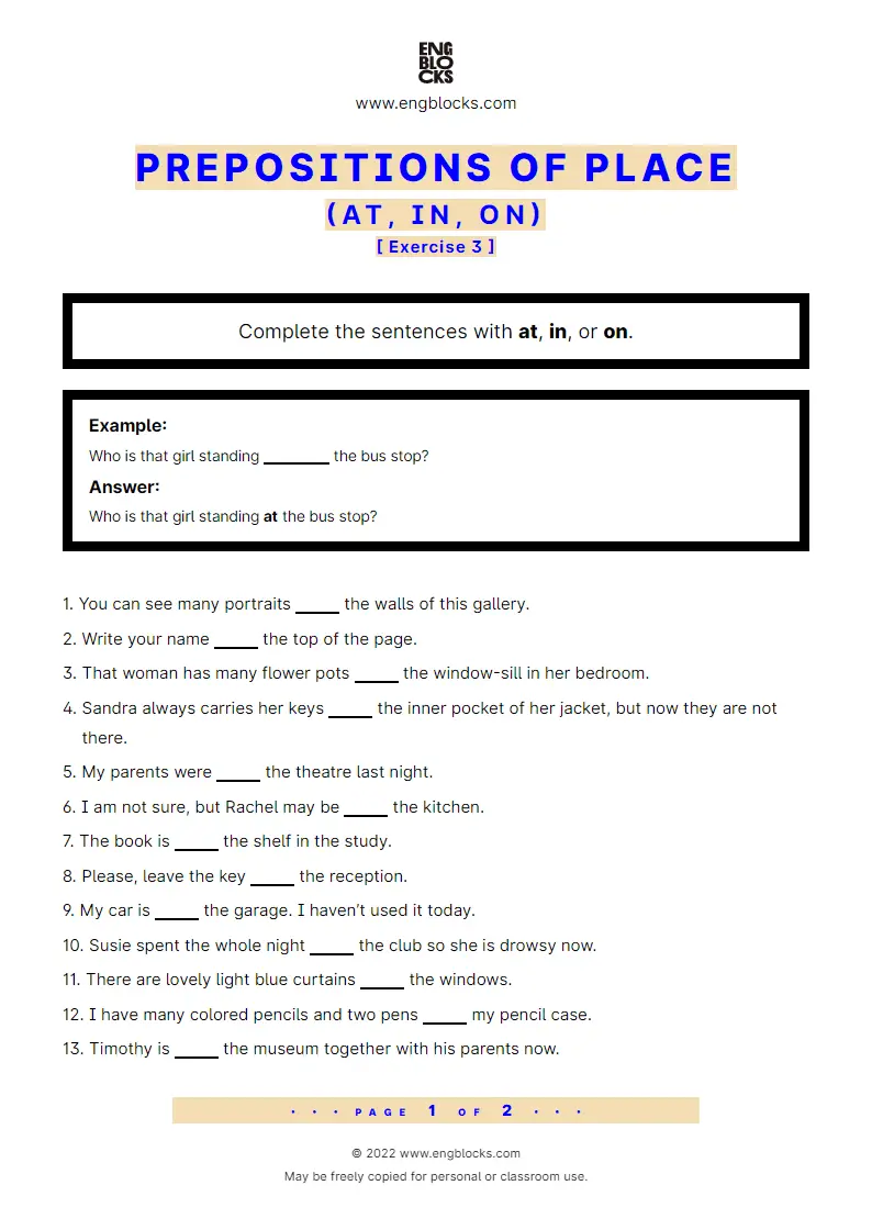 Grammar Worksheet: Prepositions of place: at, in, on — Exercise 3