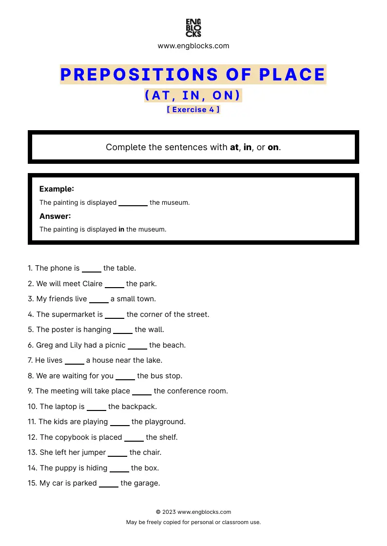 Grammar Worksheet: Prepositions of place: at, in, on — Exercise 4