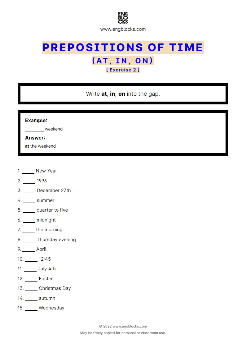 Grammar Worksheet: Prepositions of time: at, in, on — Exercise 2