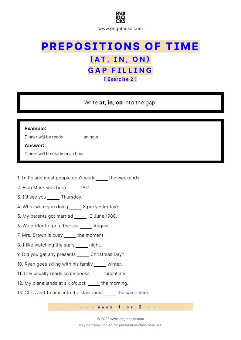 Grammar Worksheet: Prepositions of time: at, in, on — Gap filling — Exercise 2