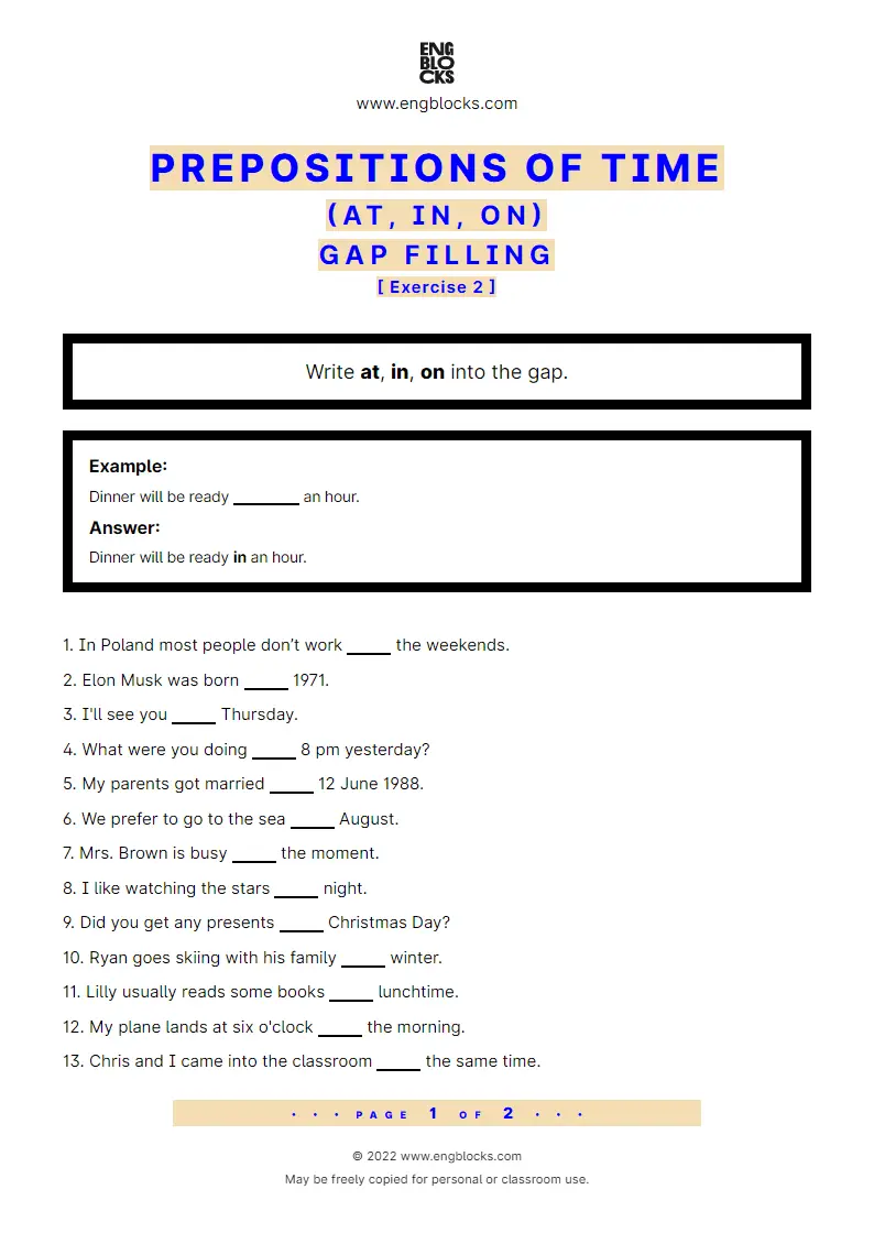 Grammar Worksheet: Prepositions of time: at, in, on — Gap filling — Exercise 2