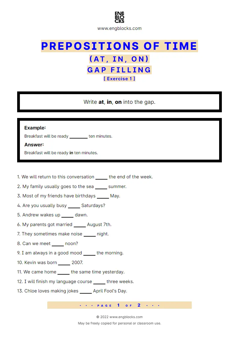 Grammar Worksheet: Prepositions of time: at, in, on — Gap filling