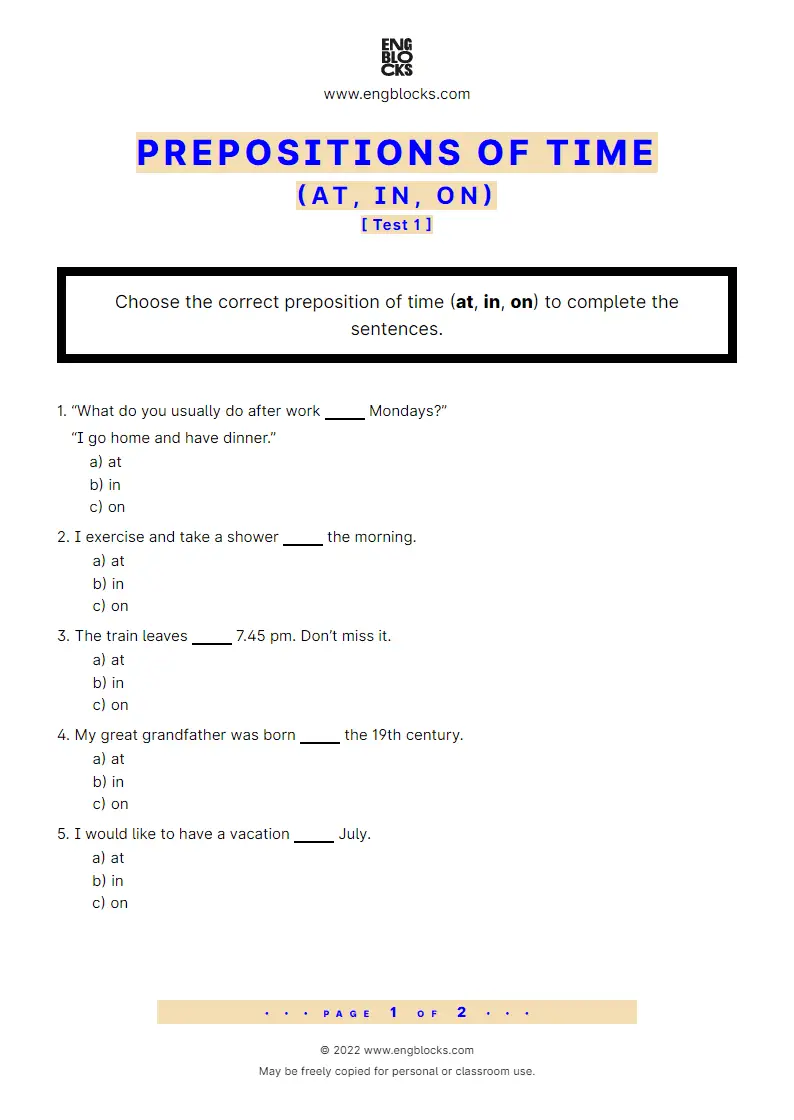 Grammar Worksheet: Prepositions of time: at, in, on — Quiz 2
