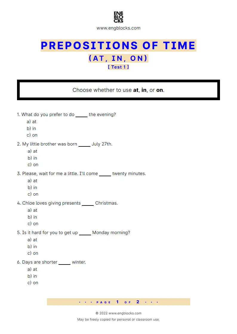 Grammar Worksheet: Prepositions of time: at, in, on — Quiz