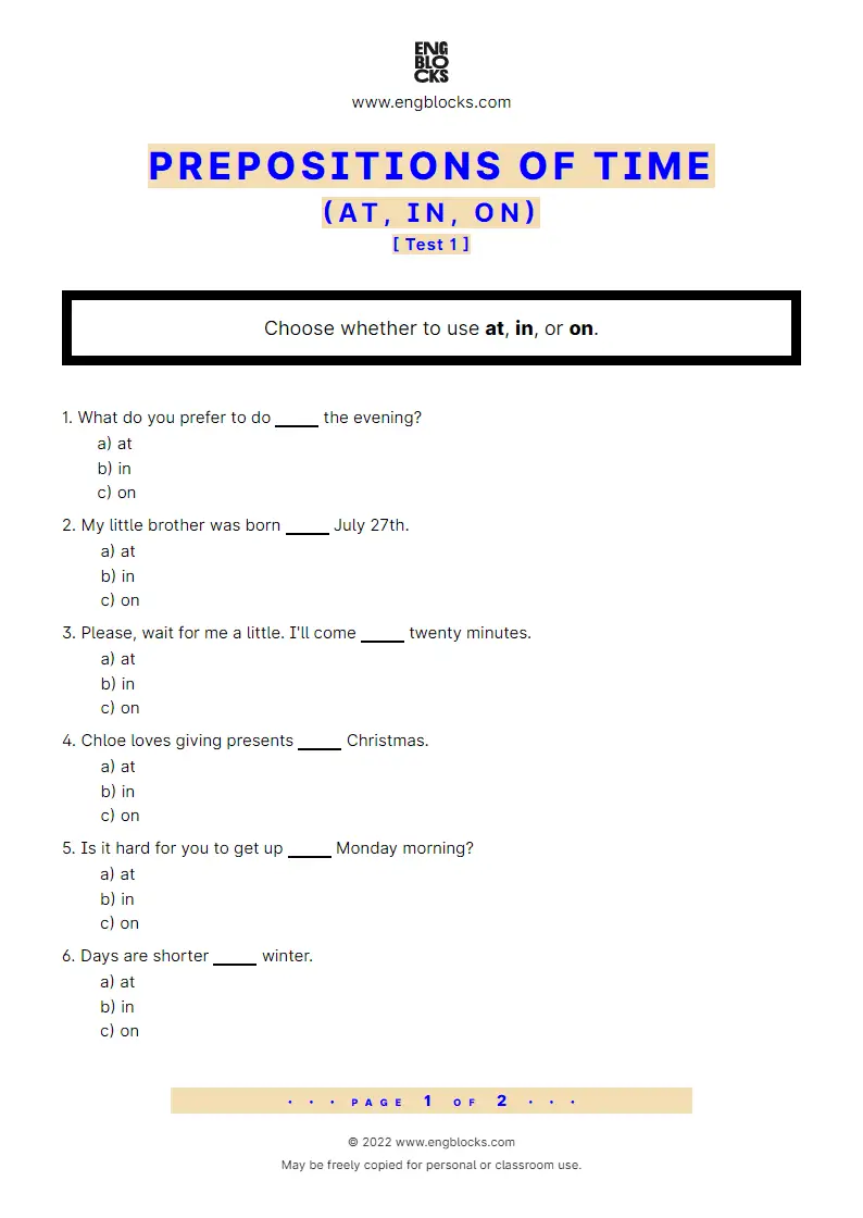 Grammar Worksheet: Prepositions of time: at, in, on — Quiz