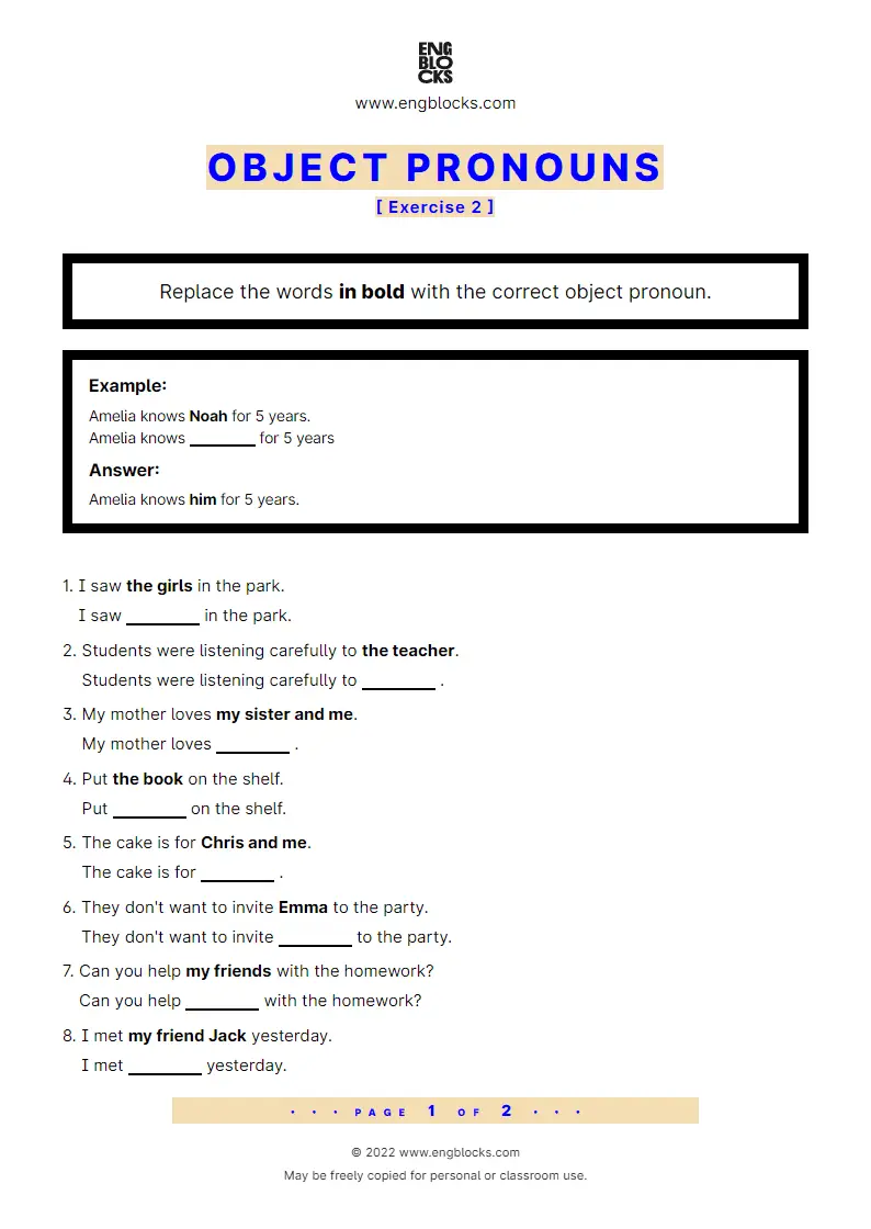 Grammar Worksheet: Object pronouns — Exercise 2