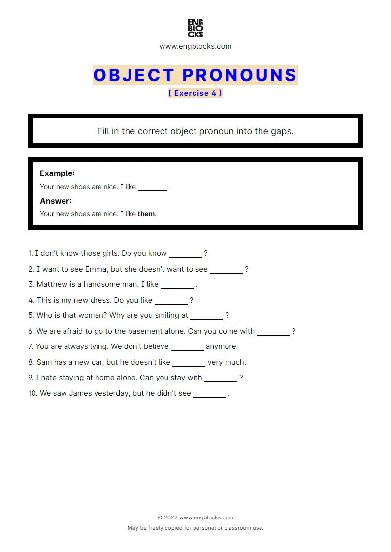 Grammar Worksheet: Object pronouns — Exercise 4