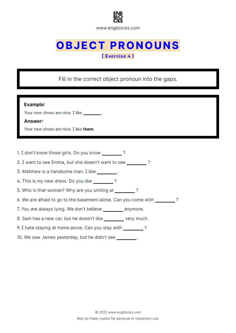 Grammar Worksheet: Object pronouns — Exercise 4