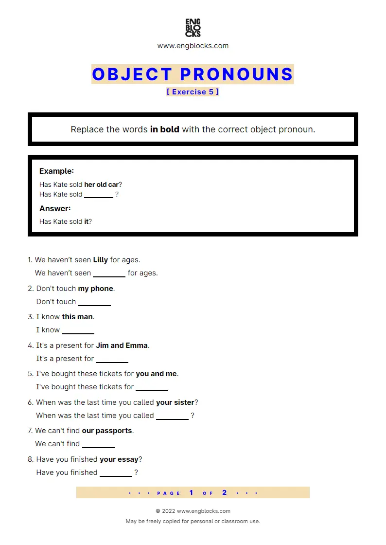 Grammar Worksheet: Object pronouns — Exercise 5