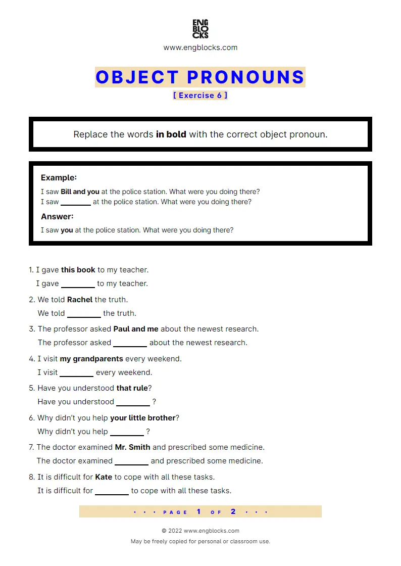 Grammar Worksheet: Object pronouns — Exercise 6