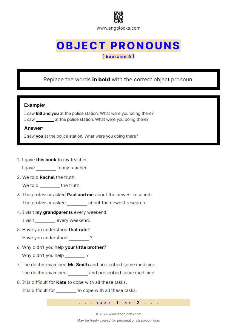 Grammar Worksheet: Object pronouns — Exercise 6