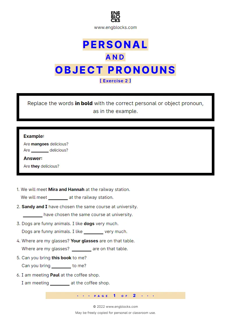 Grammar Worksheet: Personal and object pronouns — Exercise 2