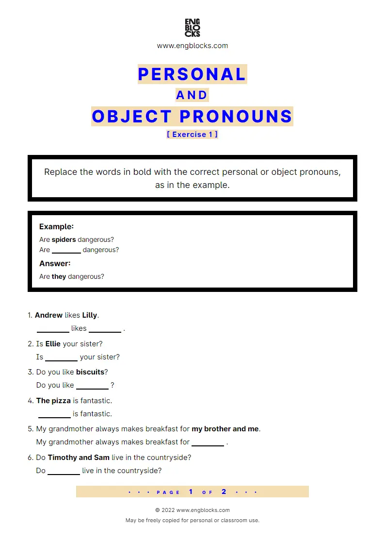 Grammar Worksheet: Personal and object pronouns