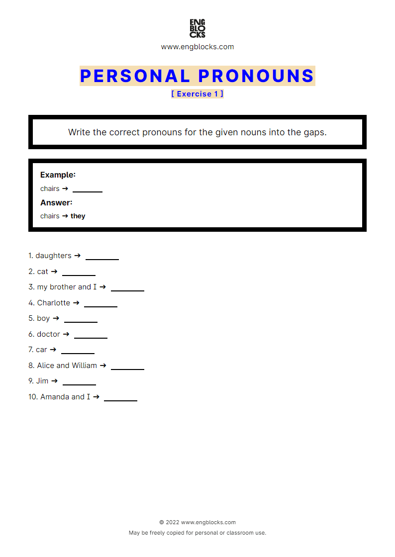 Grammar Worksheet: Personal pronouns — Exercise 1