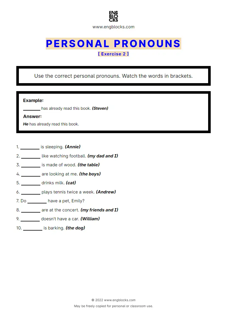 Grammar Worksheet: Personal pronouns — Exercise 2