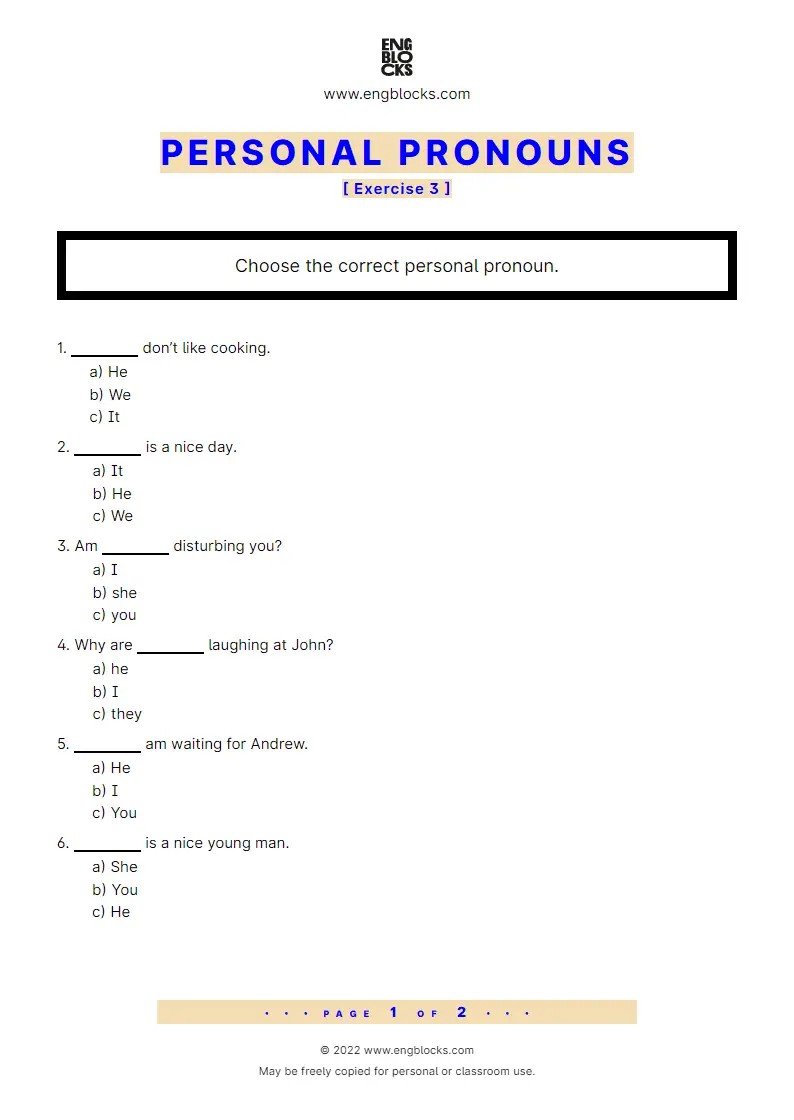 Grammar Worksheet: Personal pronouns — Exercise 3
