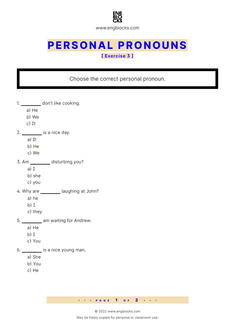 Grammar Worksheet: Personal pronouns — Exercise 3