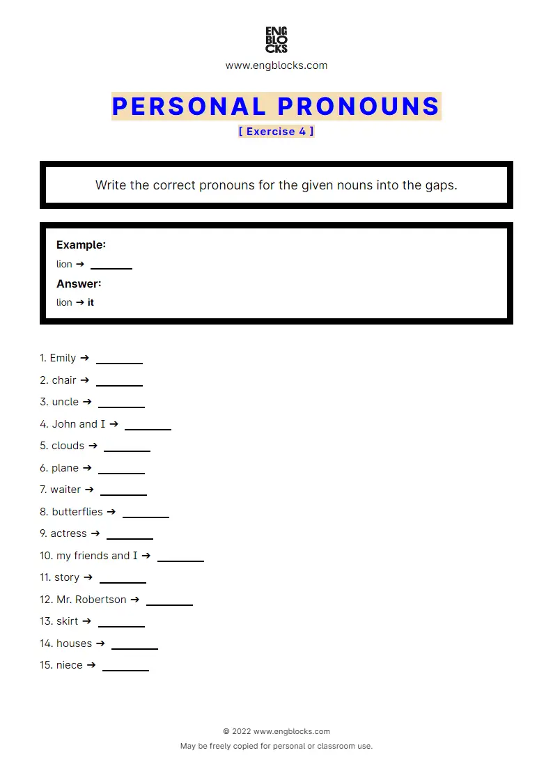 Grammar Worksheet: Personal pronouns — Exercise 4