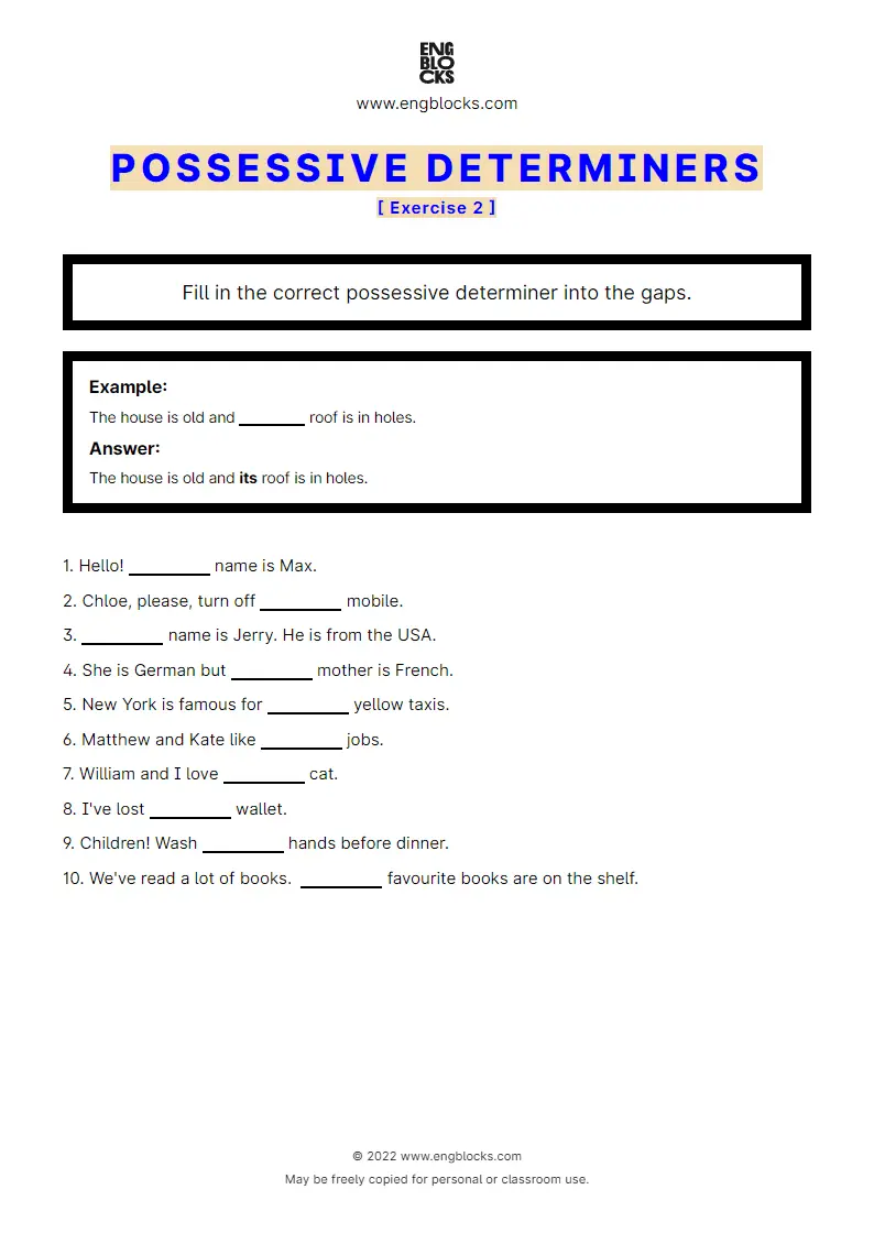 Grammar Worksheet: Possessive determiners — Exercise 2