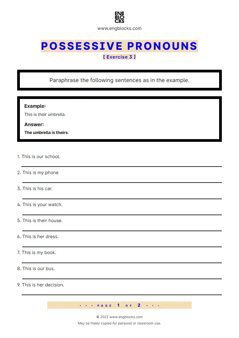 Grammar Worksheet: Possessive pronouns — Exercise 3