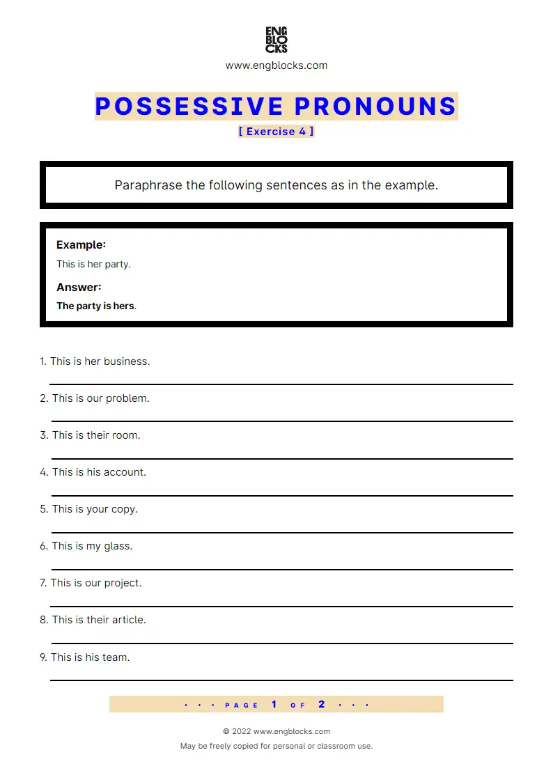 Grammar Worksheet: Possessive pronouns — Exercise 4