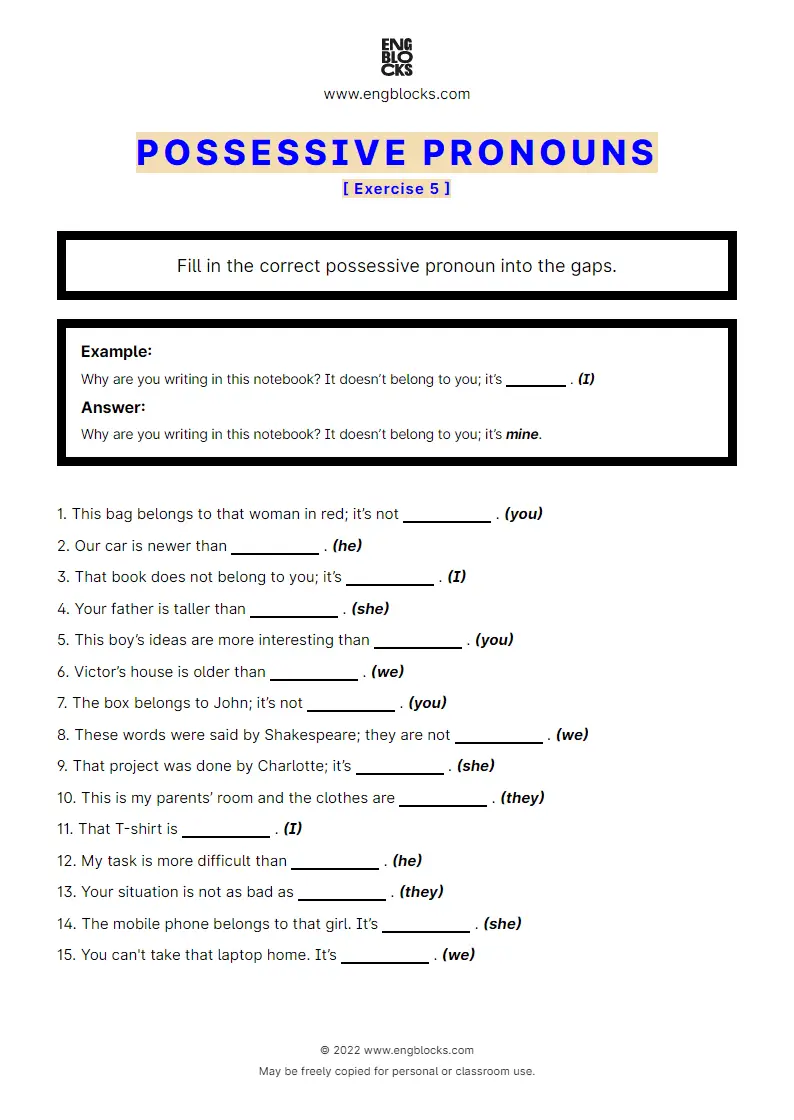 Grammar Worksheet: Possessive pronouns — Exercise 5