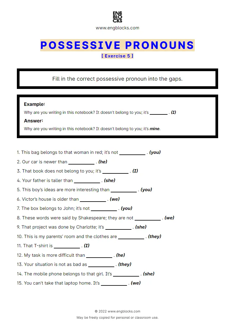 Grammar Worksheet: Possessive pronouns — Exercise 5