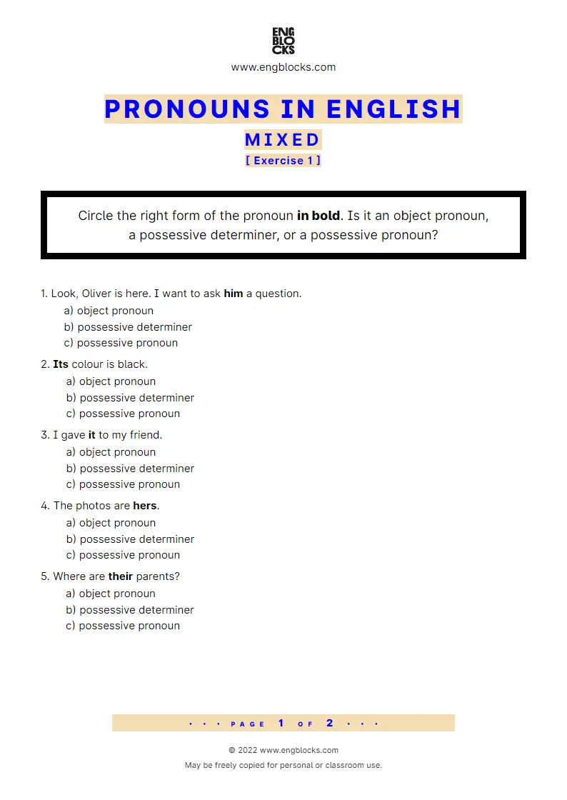 Grammar Worksheet: Pronouns in English — Mixed — Exercise 1