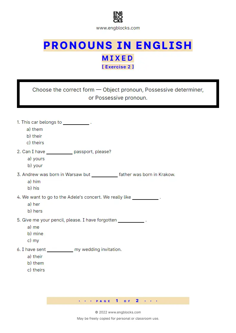 Grammar Worksheet: Pronouns in English — Mixed — Exercise 2