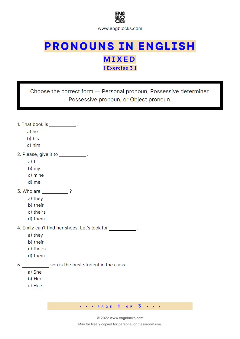 Grammar Worksheet: Pronouns in English — Mixed — Exercise 3