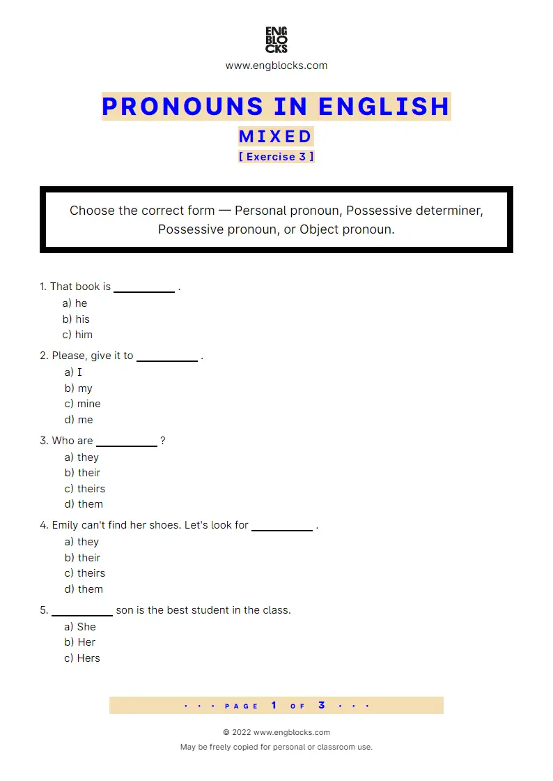 Grammar Worksheet: Pronouns in English — Mixed — Exercise 3