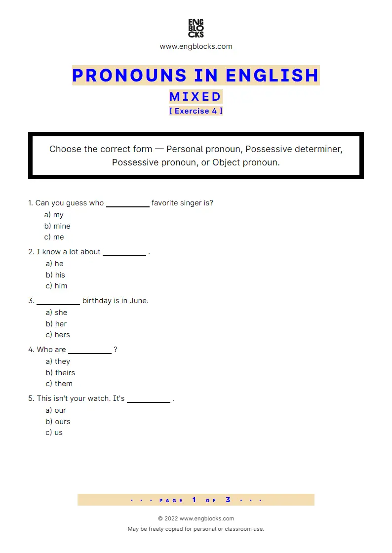 Grammar Worksheet: Pronouns in English — Mixed — Exercise 4