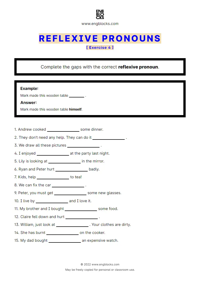 Grammar Worksheet: Reflexive pronoun — Exercise 4