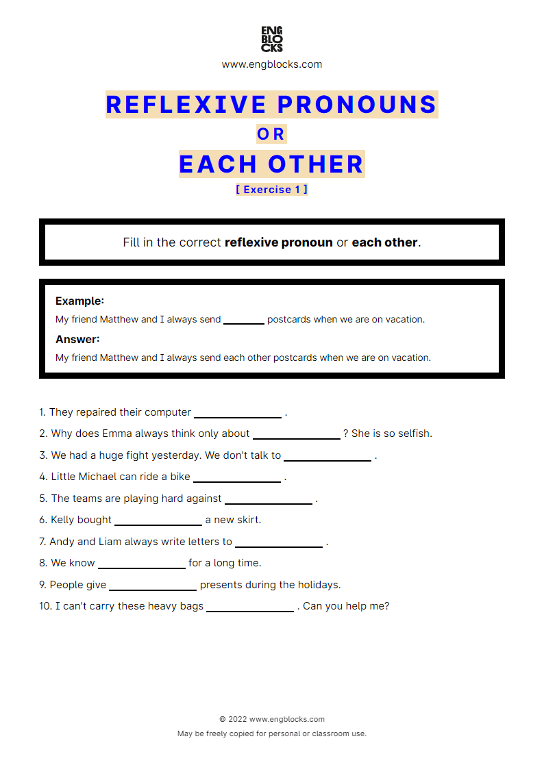 Reflexive Pronouns Or Each Other Exercise 1 Worksheet English Grammar
