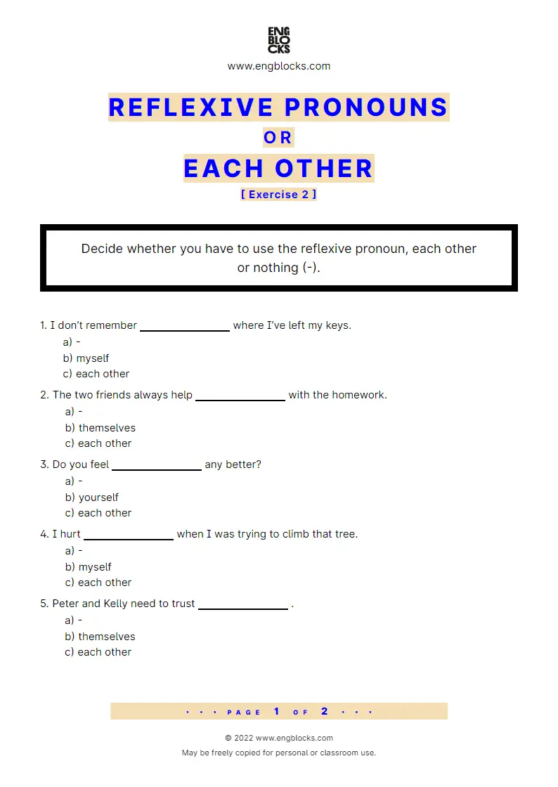 Grammar Worksheet: Reflexive pronouns or each other — Exercise 2