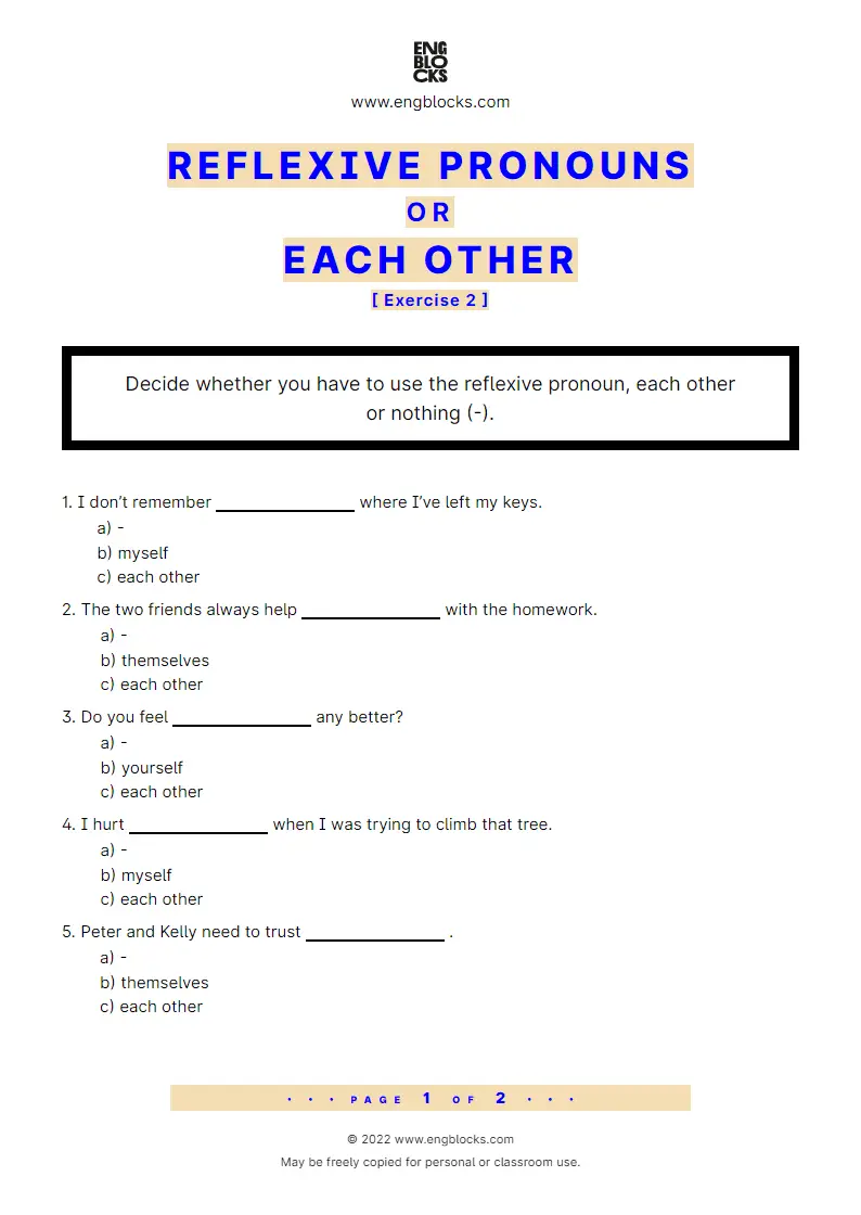 Grammar Worksheet: Reflexive pronouns or each other — Exercise 2