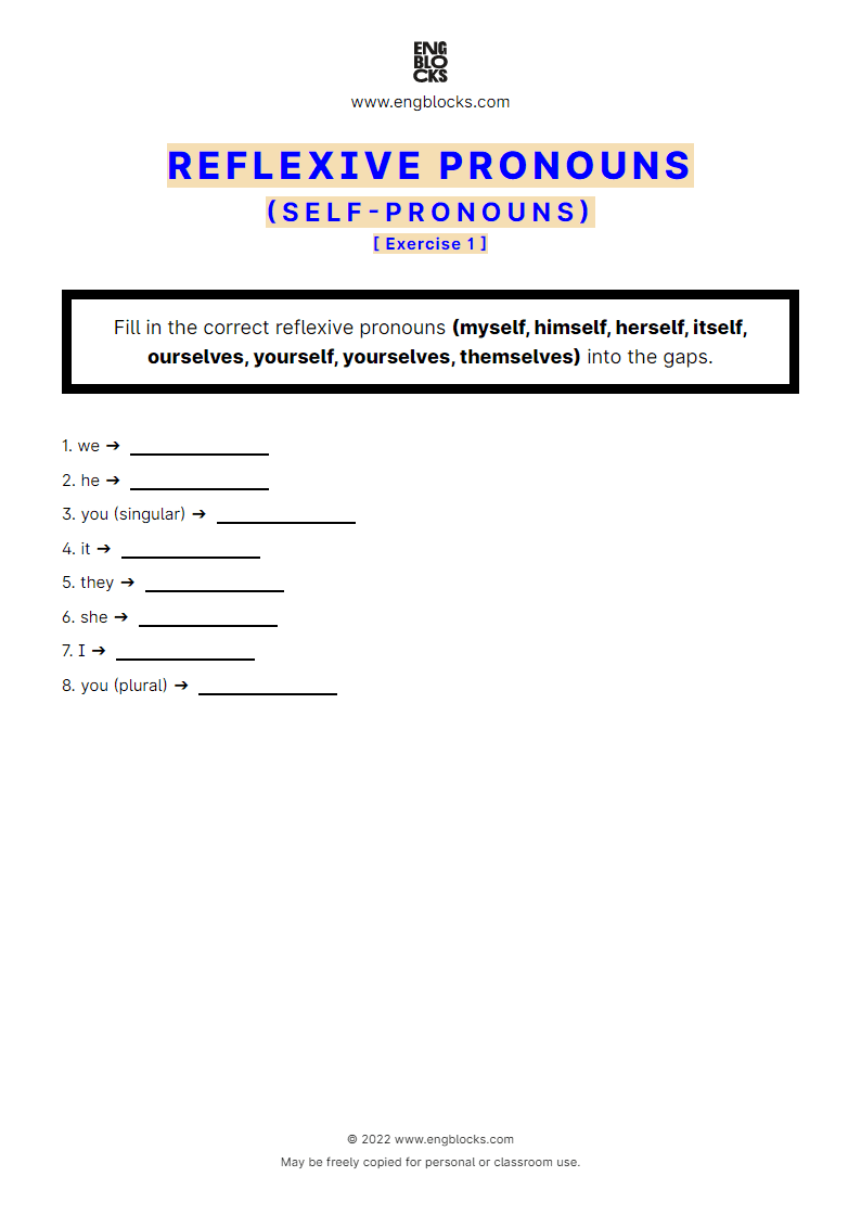 Grammar Worksheet: Reflexive pronouns (self-pronouns) — Exercise 1