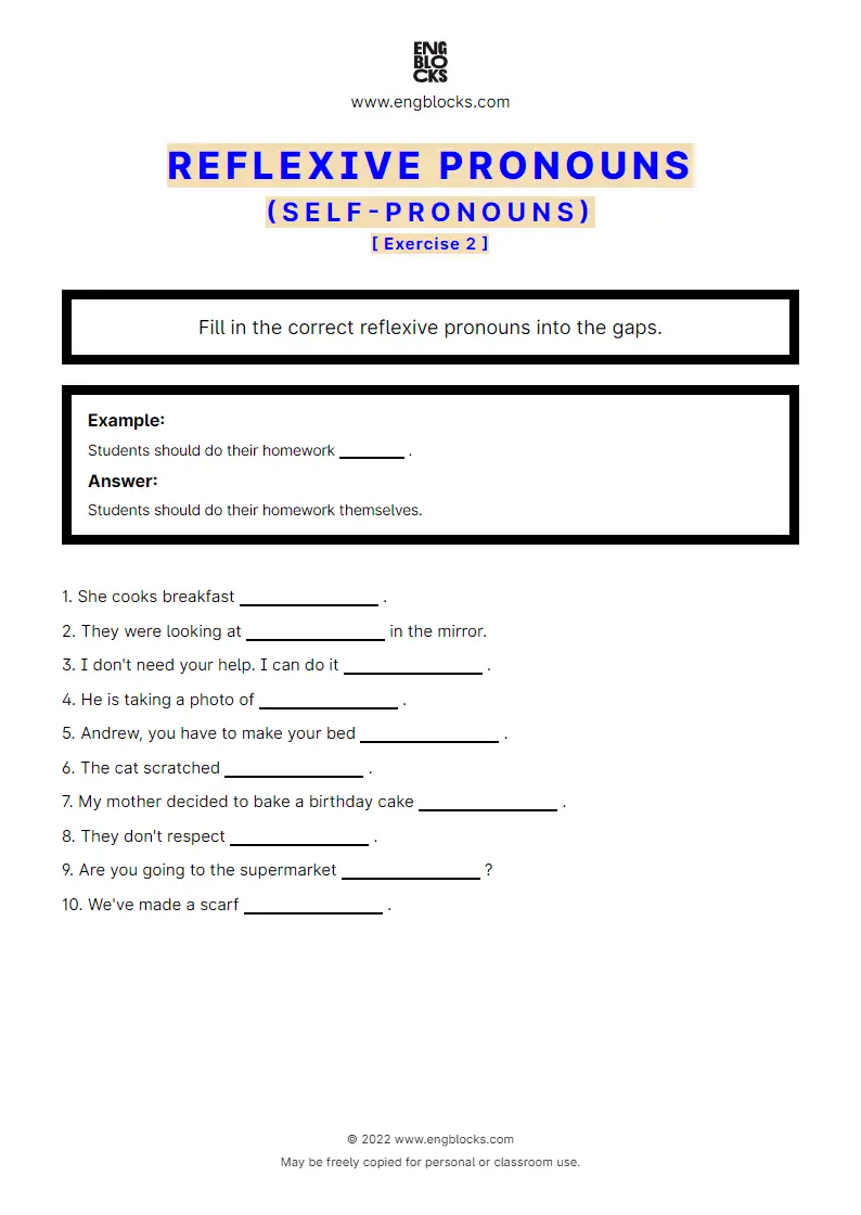 Grammar Worksheet: Reflexive pronouns (self-pronouns) — Exercise 2