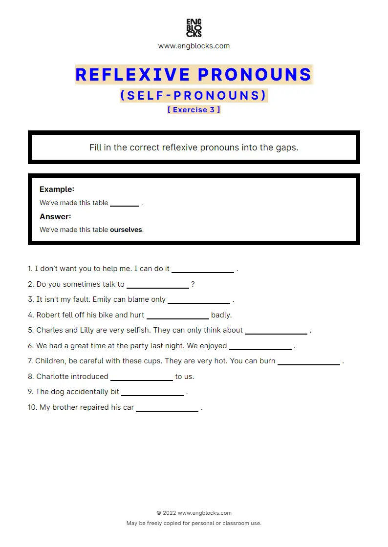 Grammar Worksheet: Reflexive pronouns (self-pronouns) — Exercise 3