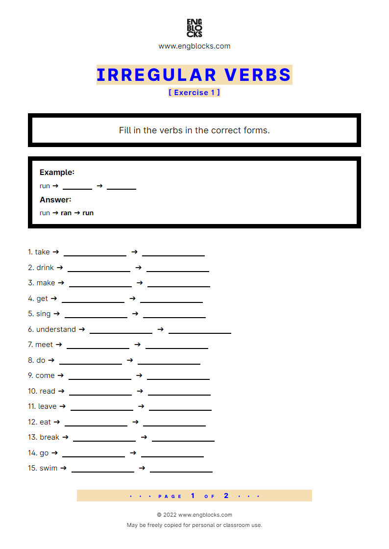 Grammar Worksheet: Irregular verb — Exercise 1