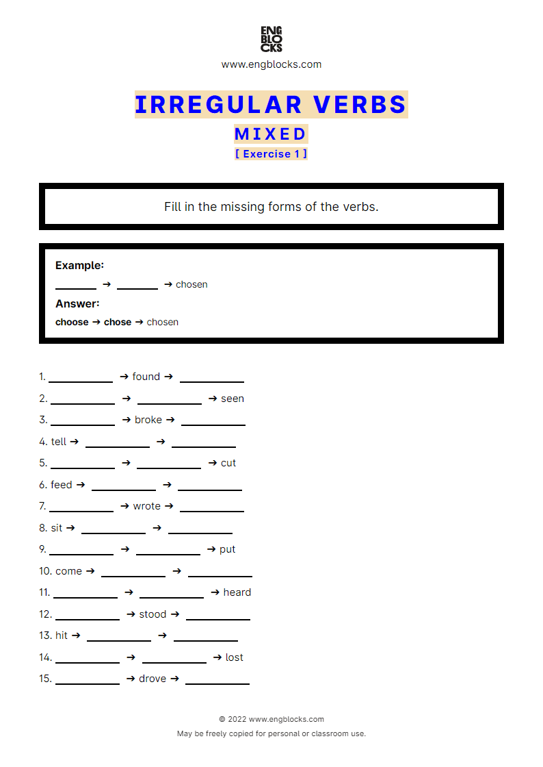 Grammar Worksheet: Irregular verb — Mixed — Exercise 1