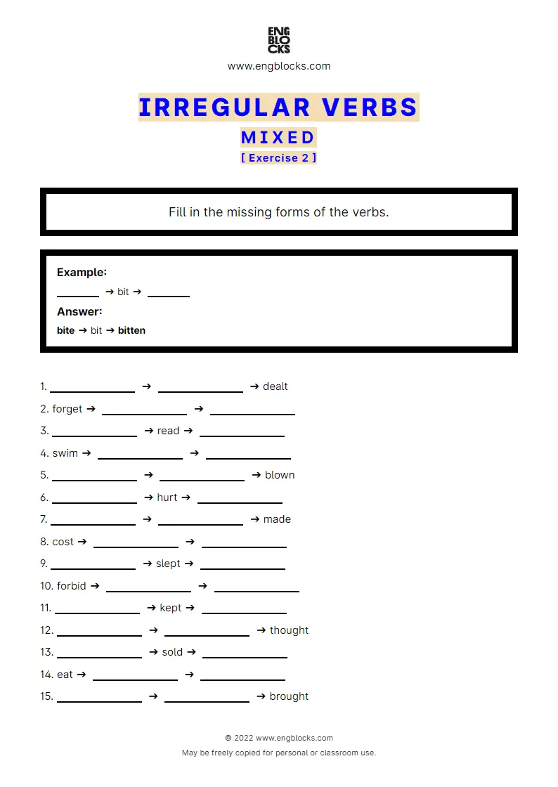 Grammar Worksheet: Irregular verb — Mixed — Exercise 2
