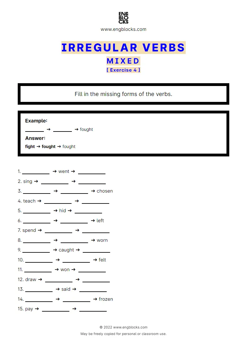 Grammar Worksheet: Irregular verb — Mixed — Exercise 4