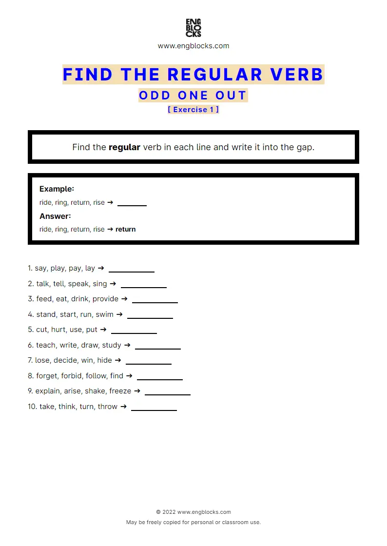 Grammar Worksheet: Regular or irregular verbs — Odd one out — Exercise 1