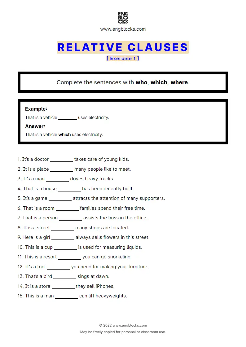 Relative Clauses Who Which Where Exercise 2 Worksheet English 