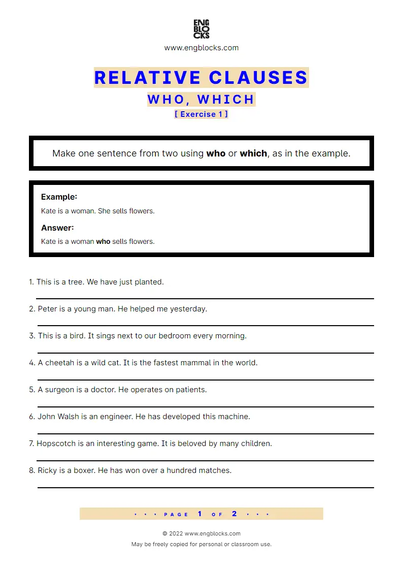 Grammar Worksheet: Relative clauses — who vs. which