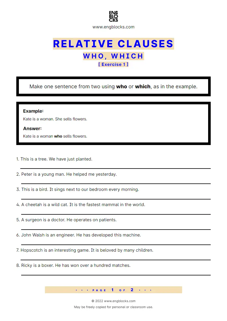 Grammar Worksheet: Relative clauses — who vs. which